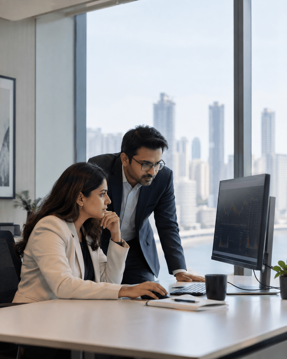Two financial professionals reviewing market execution data in an office